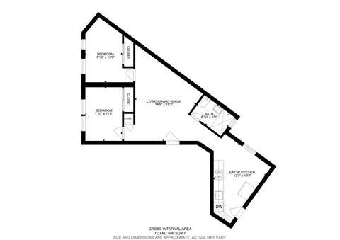 Floor plan for 2 beds, 1 bath, 686 sqft